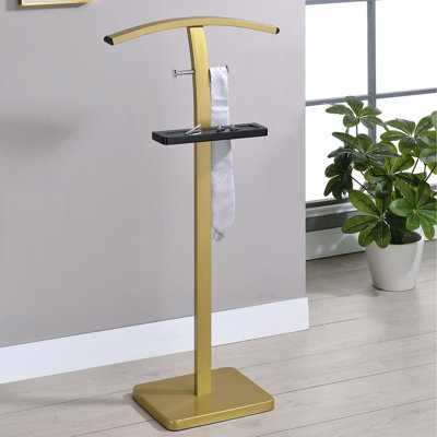 Support à vêtements autoportant pour valet, support à vêtements en métal et en bois avec barre à vêtements, plateau à accessoires et 2 crochets pour la chambre ou le placard