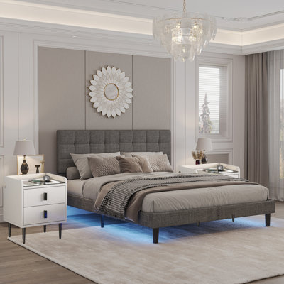 3-Pieces Bedroom Sets Queen Size Upholstered Bed With LED Lights And Motion Activated Night Lights -  Orren Ellis, F822A5736FD54FFE9D8BE308DCE19DDF