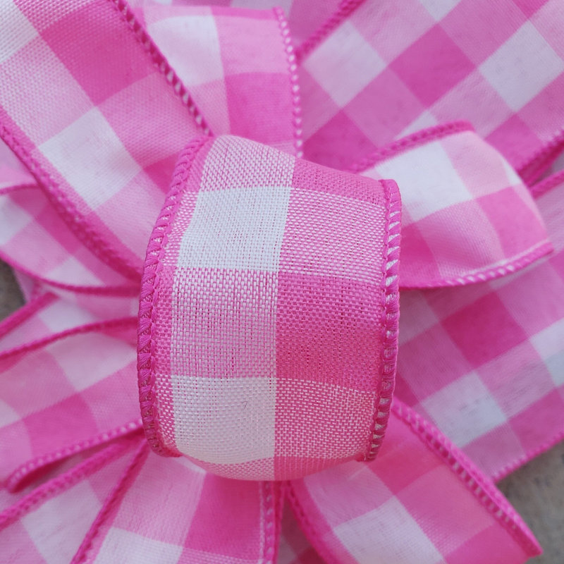 4'' Gingham Fabric Ribbon, White/Pink