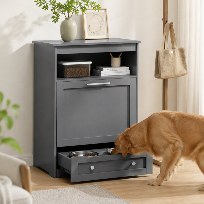 Armoire de rangement pour animaux avec bols surélevés, Gris