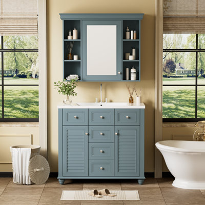  Meuble-lavabo avec lavabo et armoire à pharmacie, armoire à miroir avec 2 portes et 2 tiroirs, rangement pour armoire de salle de bain