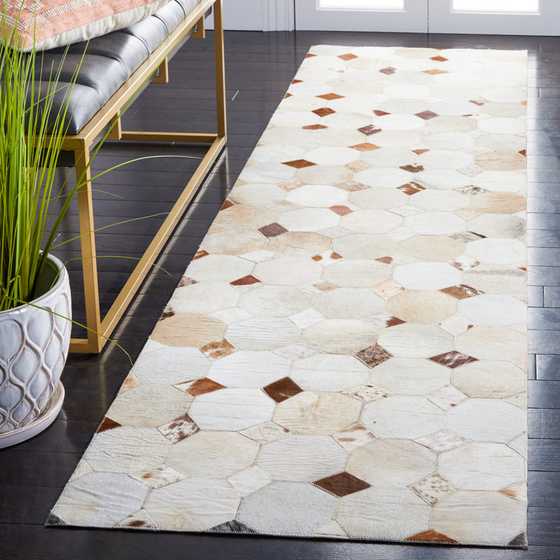 Bersa Flat Weave Hair On Leather Geometric Rug, Runner 2'3" x 9'