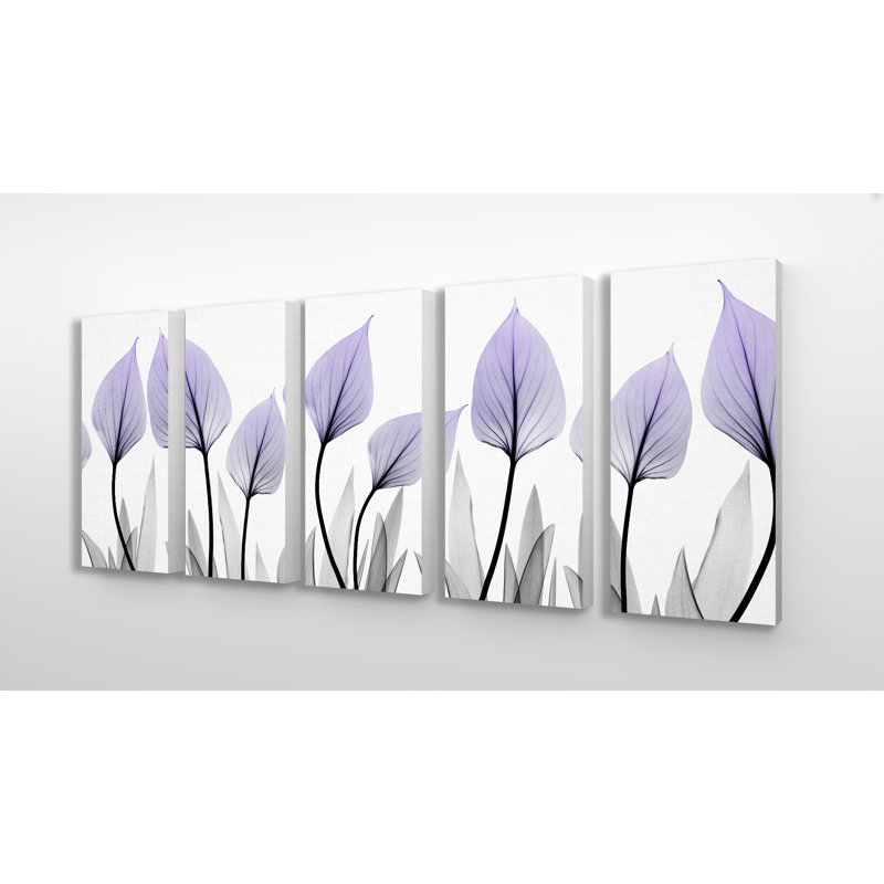 « translucide purple floral leaves triptyque » par albert koetsier,, ensemble de 5 impressions sur toiles tendues
