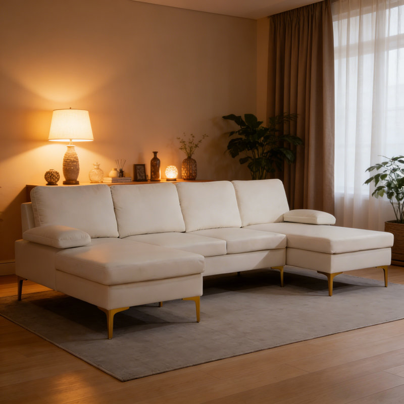 Plush U-Shaped 3-Piece Modular Sofa Set with Chaise Lounge, Modern Living Room Couch in Cream or Charcoal Grey, Cream