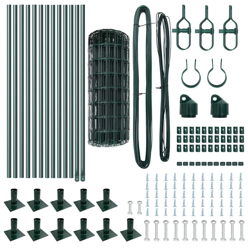 Vidaxl Fence With Posts Steel, Green, 60cm H x 2500cm W x 3.2cm D