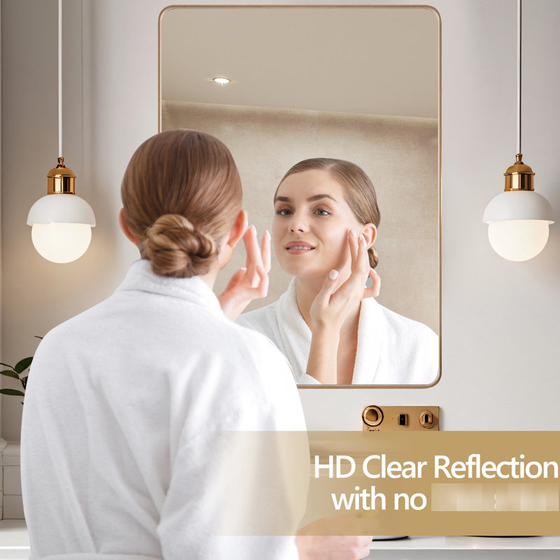 Miroir de salle de bain 24 po x 32 po avec cadre en aluminium doré - verre flottant HD pour transparent et réflexion, alliage d'aluminium rouille, preuve, support de bar suspendu en Z, verre réfléchissant pour meuble-lavabo, cadre en alliage, membrane, facile