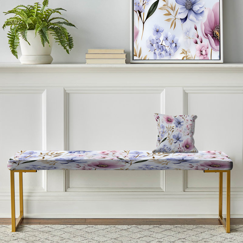 Upholstered Gold Bench, Purple And Pink Serene Watercolor Floral Canvas