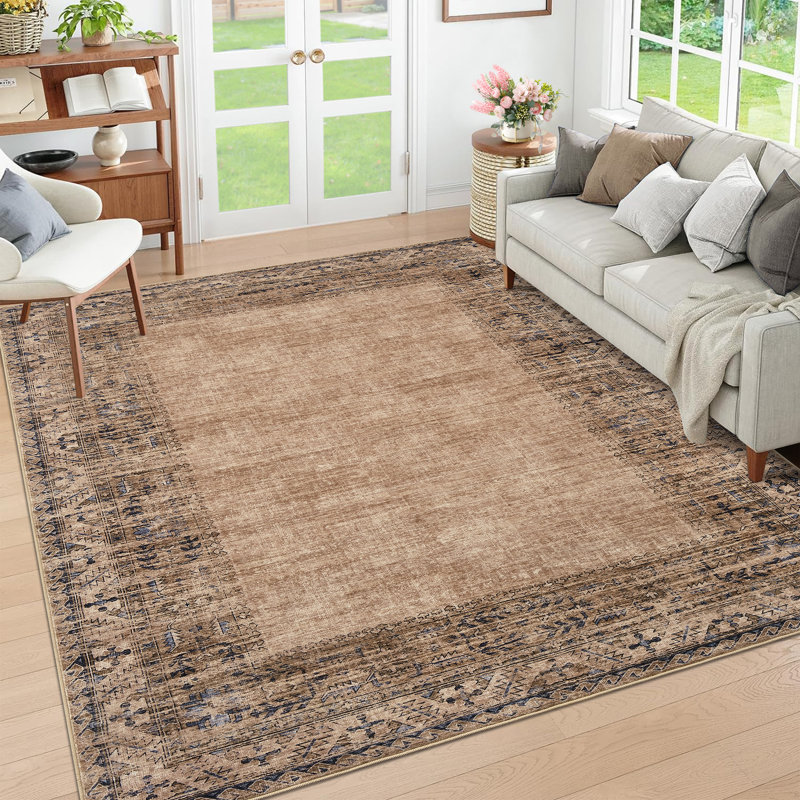 Tapis rétro à bord vieilli avec envers antidérapant, Red Brown, 8*10ft