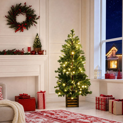 Sapin de Noël artificiel réaliste de 1,20 m (4 pi) préilluminé avec 100 lumières DEL blanc chaud dans un pot en bois rustique