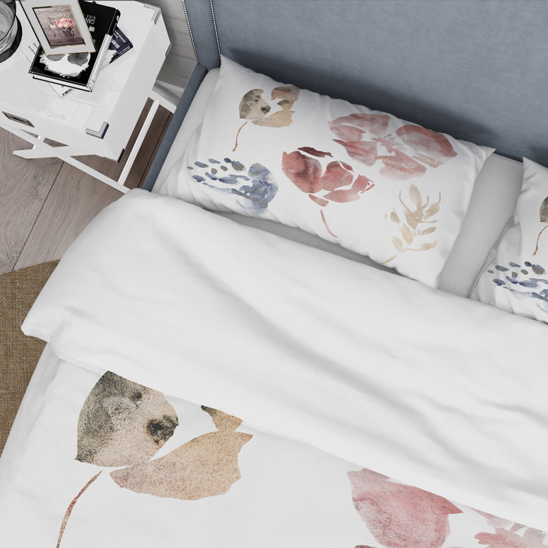 Feuillage minimaliste en rouge, bleu et brun - Ensemble de housse de couette traditionnel - Microfibre de polyester