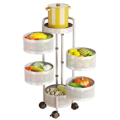 Chariot de rangement de cuisine rotatif à 5 niveaux en acier au carbone épais avec roulettes, étagère utilitaire mobile avec couvercle supérieur, panier à fruits et légumes, organisateur de produits rotatifs pour salle de bain et salon, aucun assemblage requis