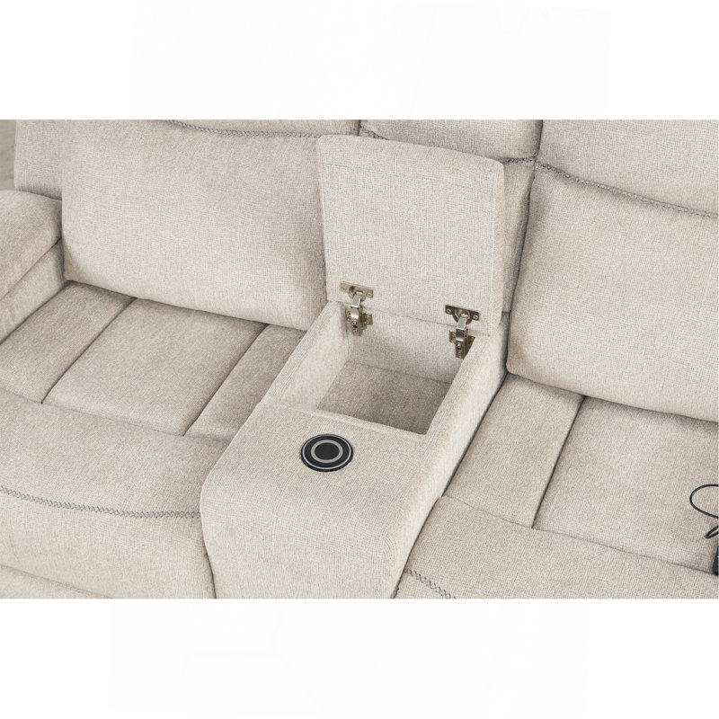 Causeuse en chenille gris clair avec console