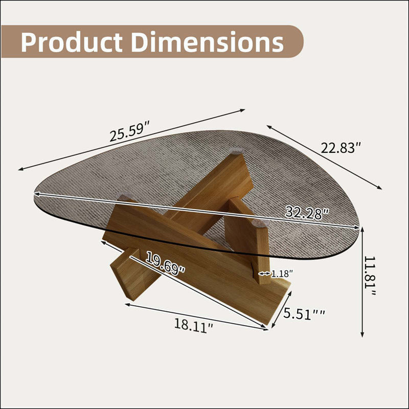 Table basse moderne en verre avec base en noyer et conception à profil bas, H 12 po x l 32,3 po x P 23 po, Noir / Noyer