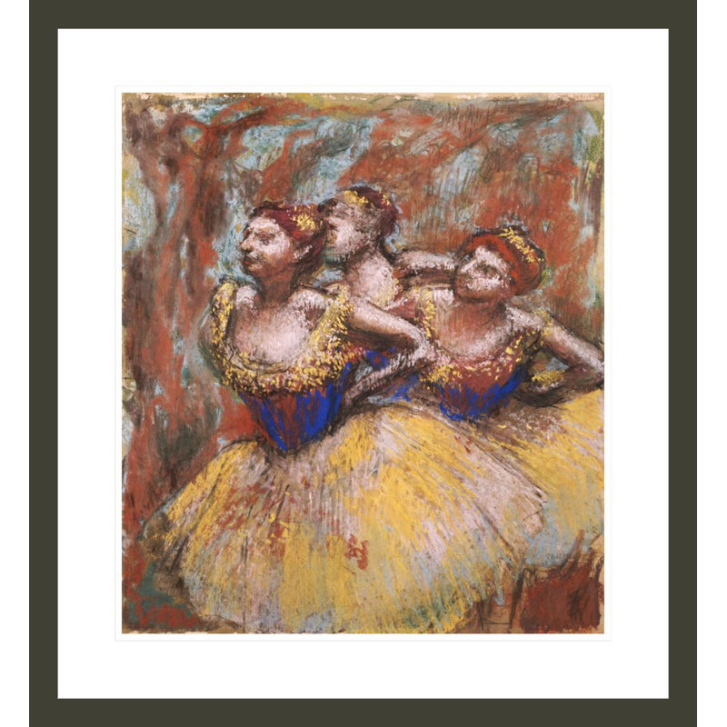 Three Dancers (Yellow Skupe Blue Blouses) par Edgar Degas, impression giclée encadrée, H 25,58 po x l 23,5 po