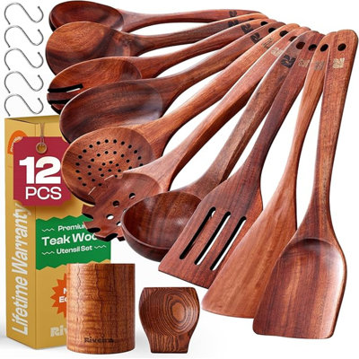 Ensemble d'ustensiles de cuisine en teck foncé - Ensemble d'ustensiles de cuisine non toxiques 12 pièces - Cuillères en bois pour la cuisson - Spatule pour la cuisson - Ustensiles en bois de teck