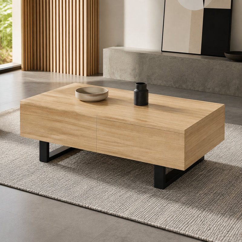 Table basse extensible avec plateau coulissant avec rangement dissimulé, MDF naturel, design moderne inspiré du milieu du siècle