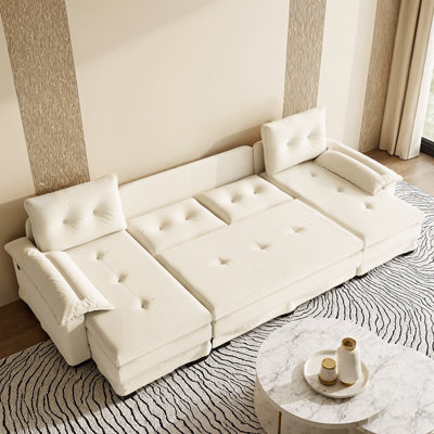 Canapé-lit 109,5 po en forme de U avec lit escamotable - Canapé modulaire convertible 2-en-1 avec accoudoirs amovibles et ports USB - Canapé modulaire surdimensionné avec méridienne pour salon, appartement - Chenille orange