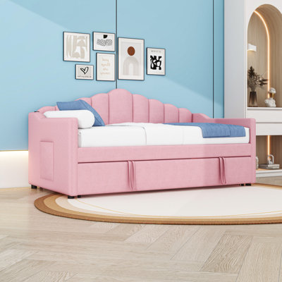 Twin Size Upholstered Daybed with Twin Trundle, Charging Station and Side Pockets