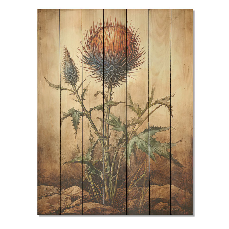 Chardon rétro, charme floral III - chardon sur bois, H 20 po x l 10 po