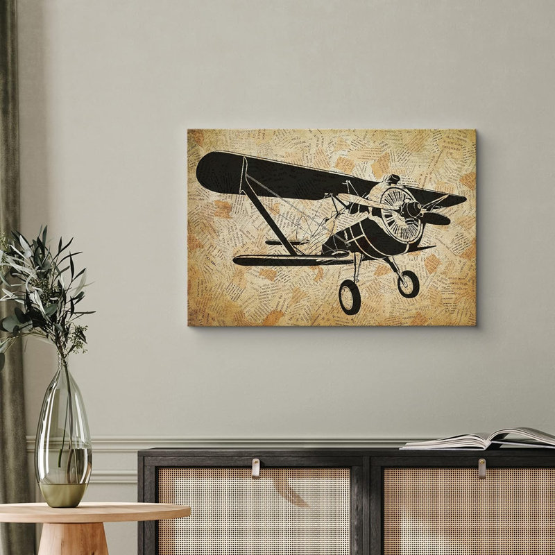 Biplan rétro sur fond brun, transport d'avions rétro fantaisiste, sépia foncé, H 12 po x l 18 po