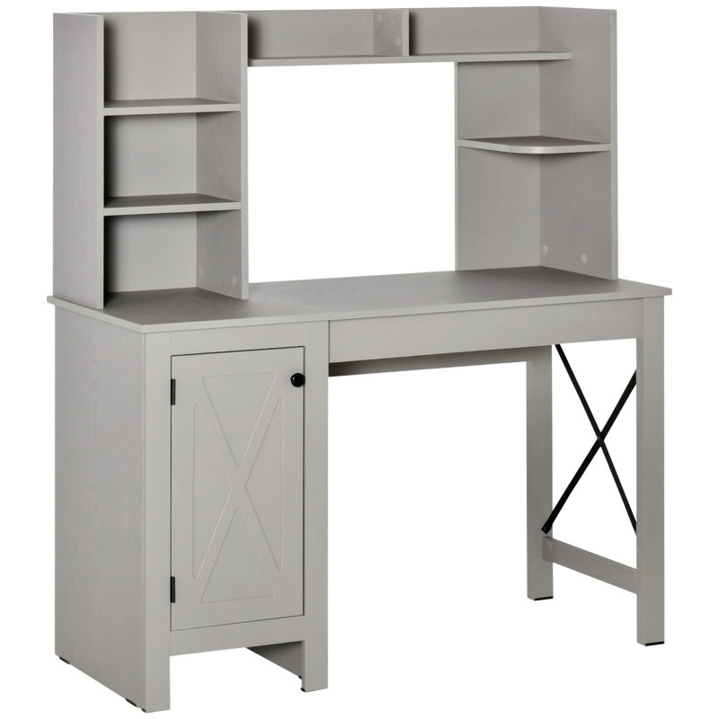 Homcom Farmhouse Computer Desk With Hutch And Cabinet, Light Gray