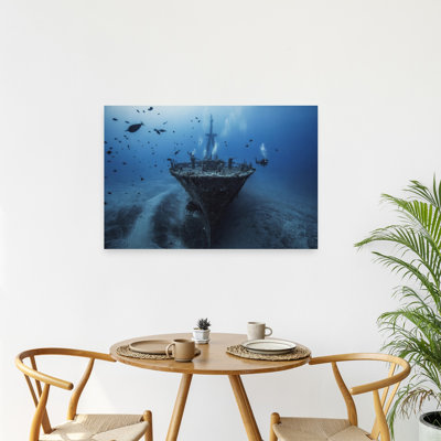 Diver Explores Sunken Wreck Contemporary Fish Ocean Wall Art Print