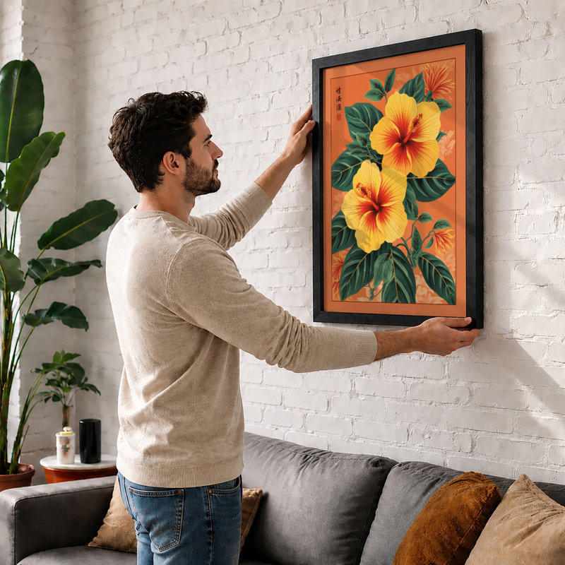 Hibiscus in Gold Botanical - Framed Print, A1 - 84.1 x 59.4 cm, Unframed