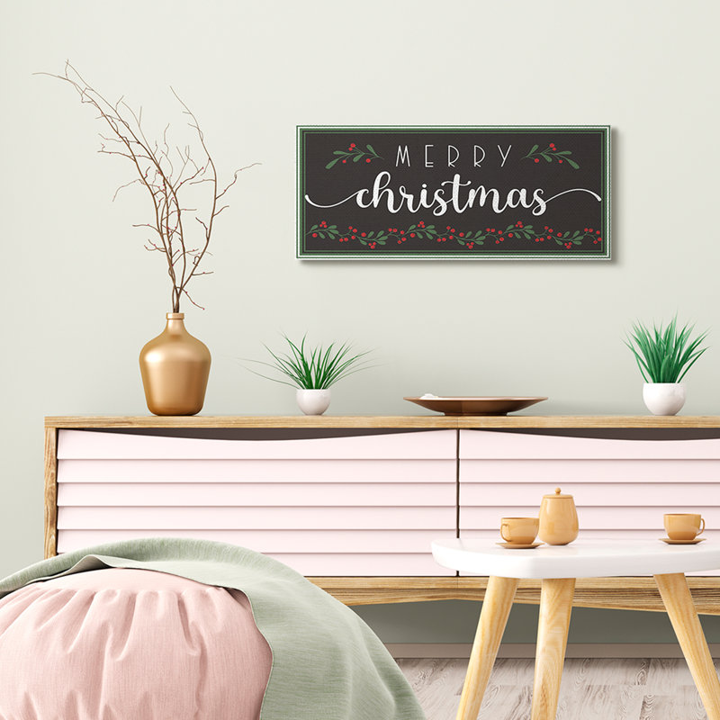 «Merry Christmas» sur un houx festif noir, H 13 po x l 30 po, Toile tendue