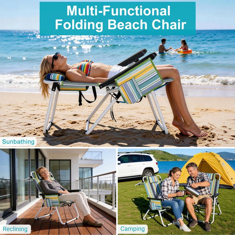 5-Position Reclining Beach Chair For Adults, 350 Lbs Capacity, Folding Portable With Cooler Bag & Backpack Straps