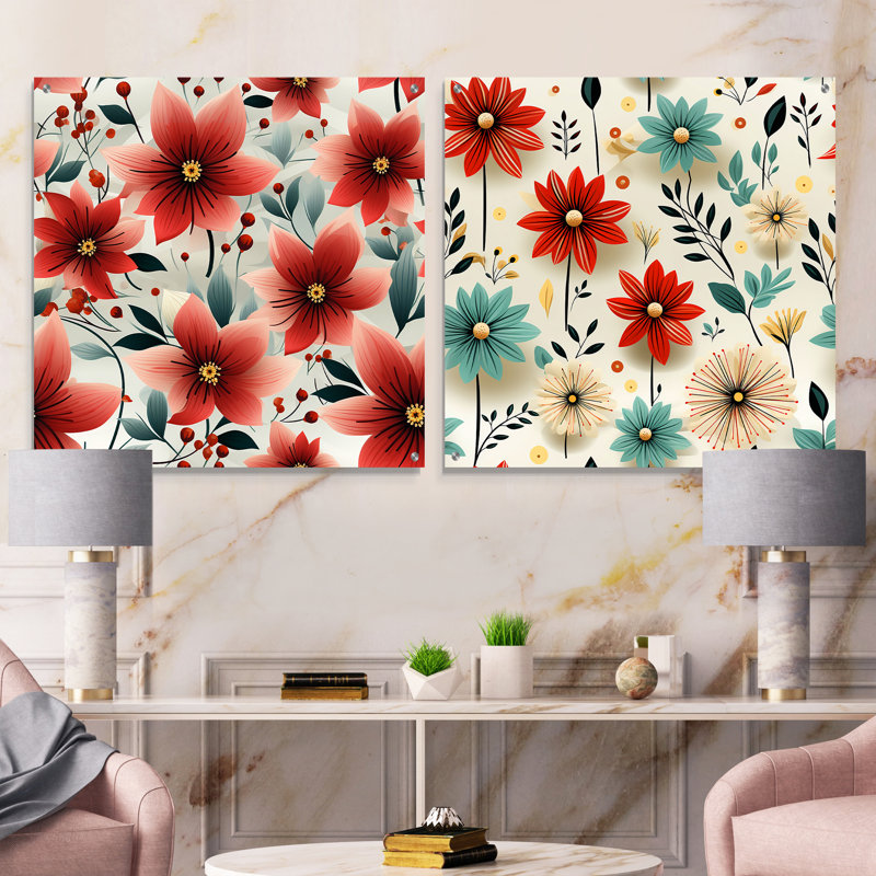 «Red Coastal Harmony», ensemble de 2 art mural en verre acrylique, H 16 po x l 33 po