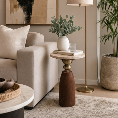 Modern Marble Top Accent Side Table For Home Display Use - Sophisticated Pedestal Narrow End Table With Wood And Metal Base For Living Room Sofa - 23"