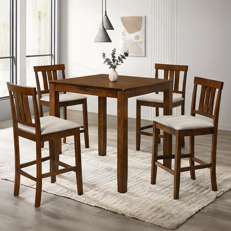 Ensemble de salle à manger 5 pièces à hauteur de comptoir moderne avec chaises rembourrées et finition bois chaud