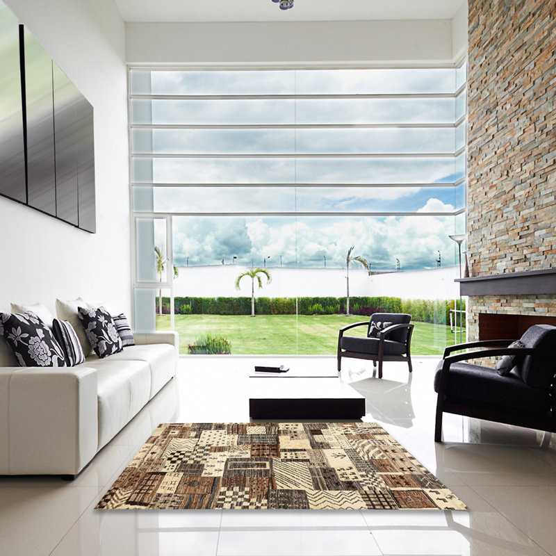 Tapis beige/brun contemporain, Carré 7 pi