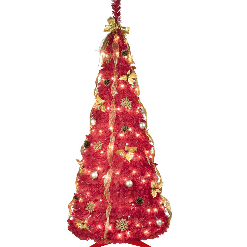 Sapin de Noël rouge pliable de 1,80 m, 150 lumières DEL blanc chaud, rubans, fleurs, flocons de neige, branches de pin et boules inclus. Solution de rangement compacte et réutilisable.