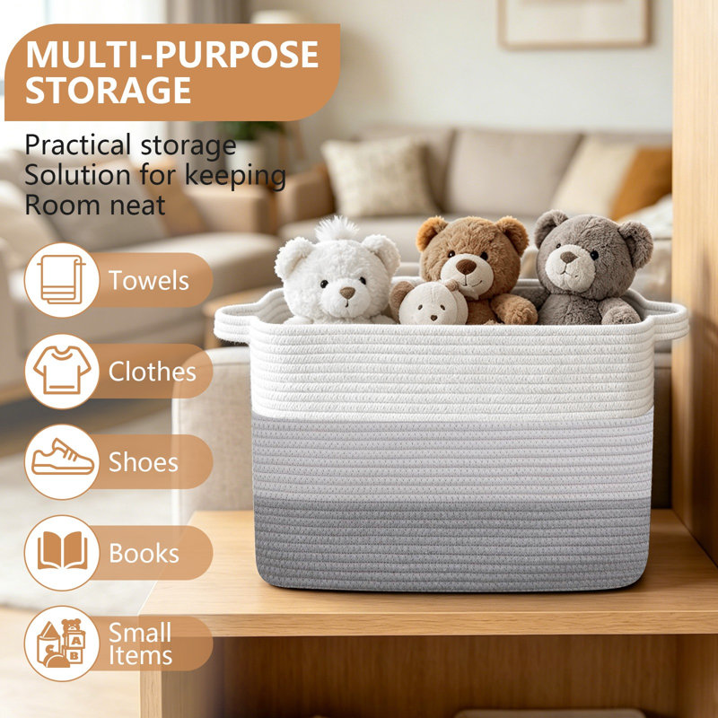 Grand panier de rangement en corde de coton tissé avec poignées pour organiser les jouets, Gris