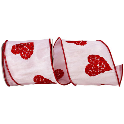 4"X10Yd Pink/Red Hearts Embroidered Wired Edge Ribbon