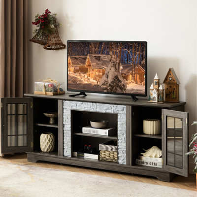 58" Faux Stone Entertainment Center, Grey Color, 2-Door Storage, 6 Cable Openings, 3 Shelves For Home Decor 56.86'' Tv Stand With Finish, Cabinet, Adj