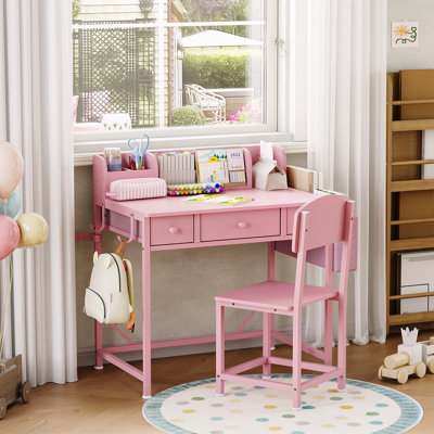 Ensemble de bureau et de chaise pour enfants avec rangement, 3 tiroirs, rail d'organisation, crochets et sac en tissu, table d'étude robuste et chaise stationnaire pour enfants de 5 à 8 ans