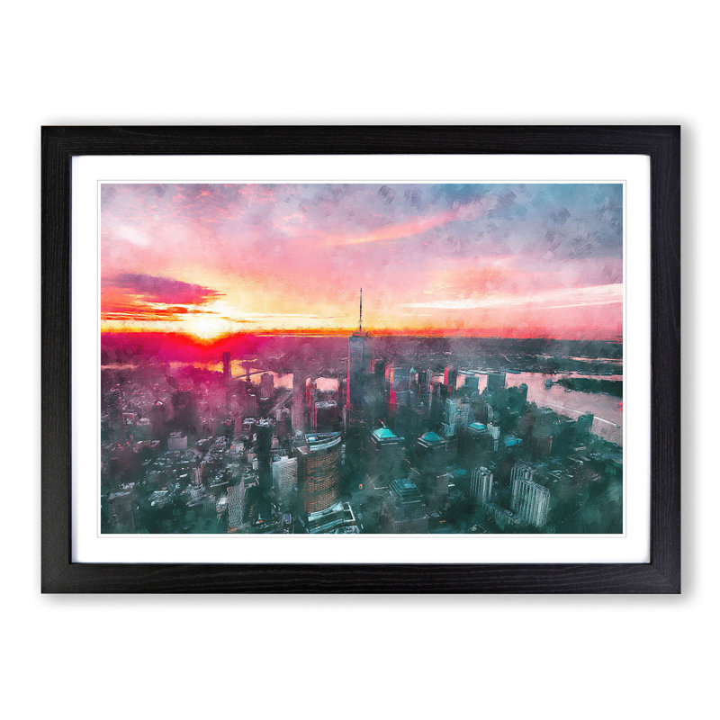Sunset over New York City - Picture Frame Painting Print, 24cm H x 33cm W x 2cm D, Black Framed