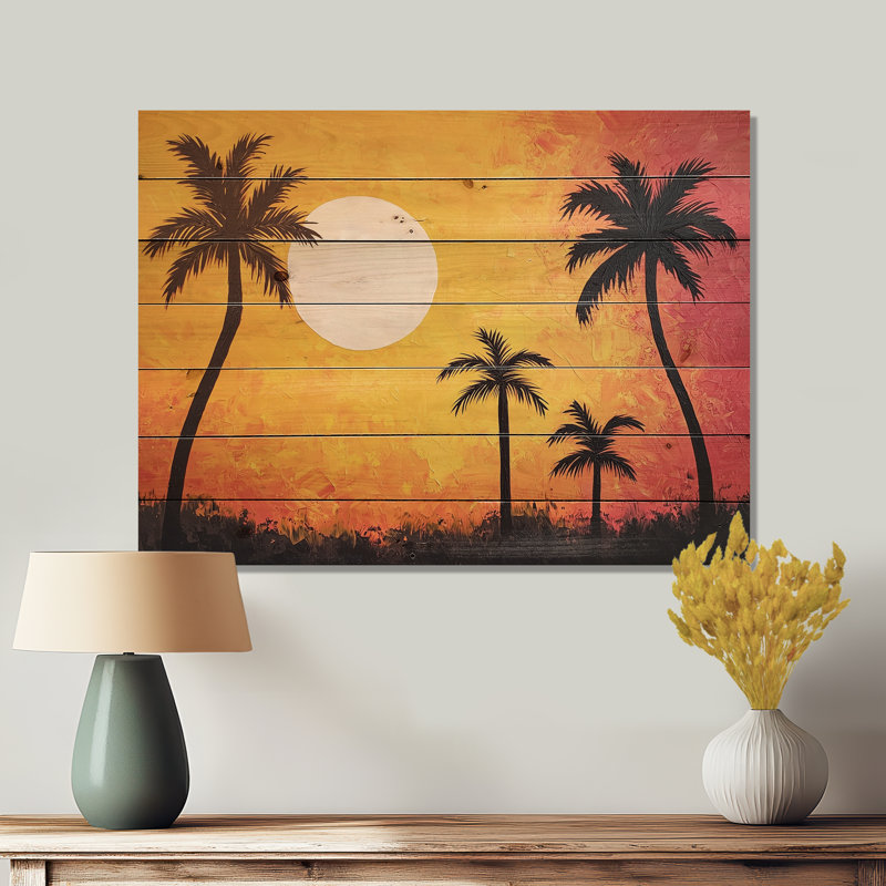 «Sunset Oasis Palm Trees I», art mural traditionnel sur bois de pin naturel, H 24 po x l 32 po