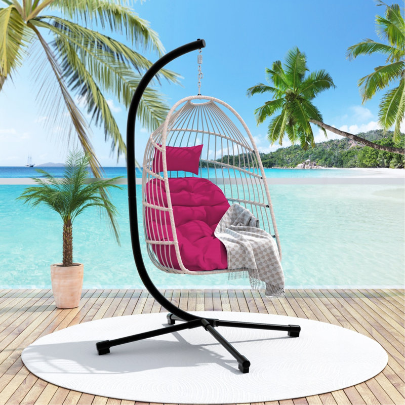 Outdoor Egg Hanging Chair With Stand, Patio Wicker Swing Egg Chair Indoor Swinging Chair Outdoor Hammock Egg Chair. Rose Red