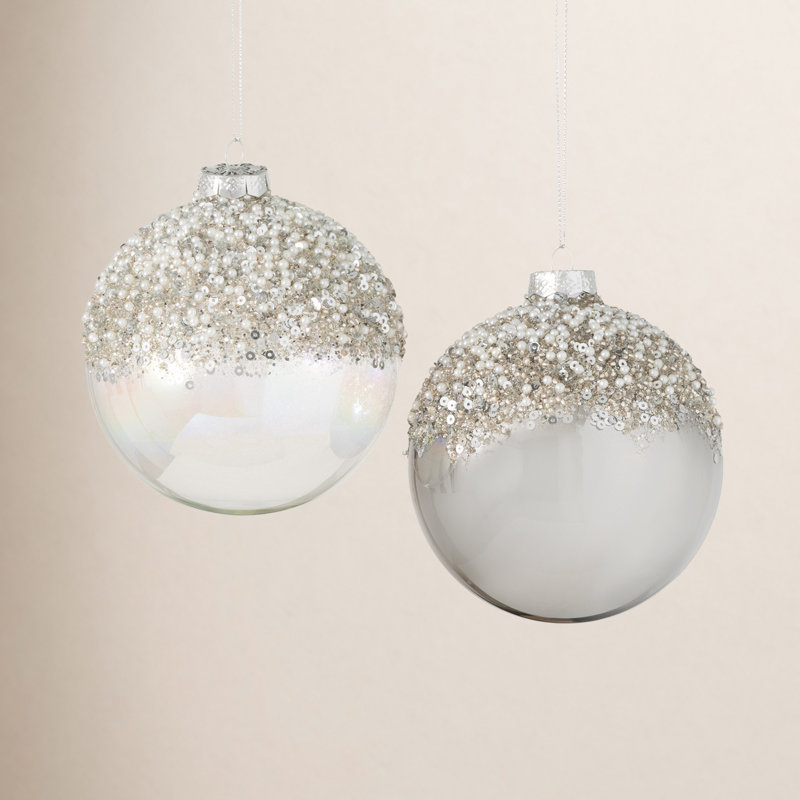 4"H Glitter Ball Ornaments; Silver Christmas Ornaments