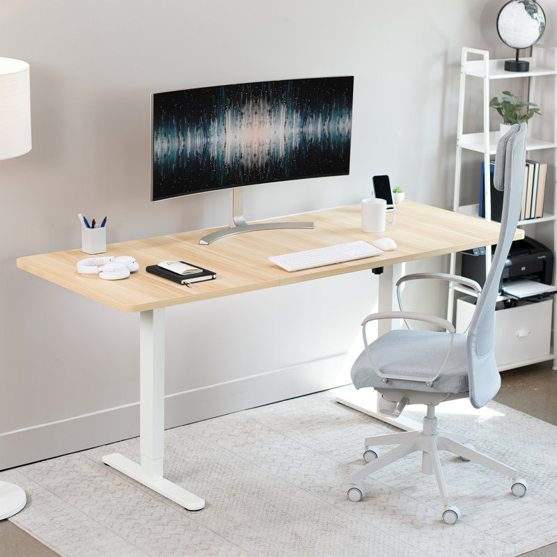 Vivo Electric Stand Up Desk, Light Wood, 70.9" W, White