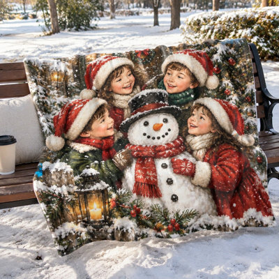 Holiday Joy Snowman Scene Fleece Blanket, Festive Winter  Blanket for Sofa Couch Bed Bedroom Living Room Home Decor
