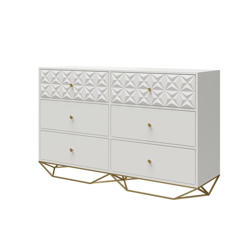 White Double 6-Drawer Dresser with Gold Accents