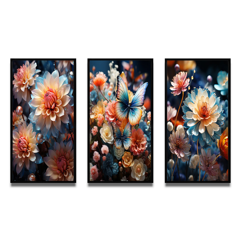 «Meadow Chrysanthemum Charm», 3 pièces sur toile, Cadre flottant noir, H 20 po x l 36 po