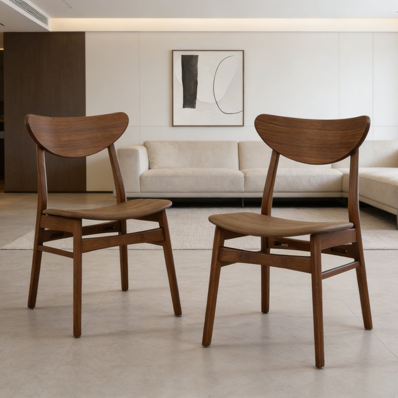 Set Of 2 Mid-Century Modern Dining Chairs With Leather Seat, Rubberwood Frame, Brown
