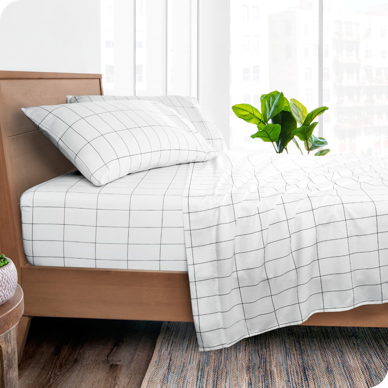 Sheet Set - Ultra-Soft Microfiber Bed Sheets - Double Brushed - Deep Pockets - Easy Fit, Grid - White/Grey