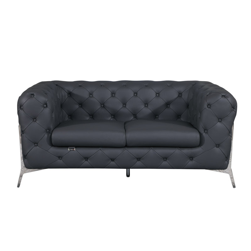 Ehrika Top Grain Italian Leather Loveseat, Dark Gray, Silver