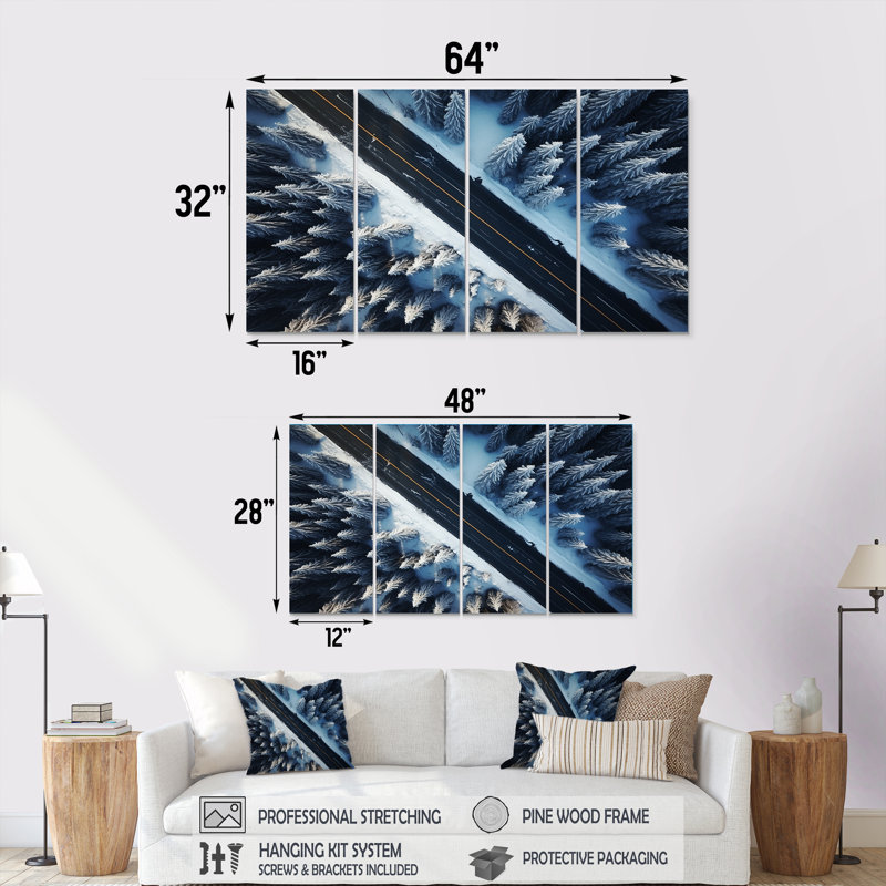 Endless Road Into Winter Forest II - Road, art mural 4 pièces pour le salon, H 32 po x l 64 po